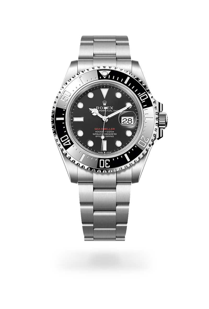 Rolex Sea-Dweller in Oystersteel with a Intense black dial, Unidirectional rotatable 60-minute graduated, scratch-resistant Cerachrom insert in black ceramic, numerals and graduations coated in platinum bezel, Oyster, three-piece solid links bracelet