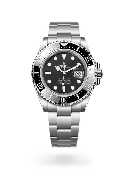 Rolex Sea-Dweller in Oystersteel with a Intense black dial, Unidirectional rotatable 60-minute graduated, scratch-resistant Cerachrom insert in black ceramic, numerals and graduations coated in platinum bezel, Oyster, three-piece solid links bracelet