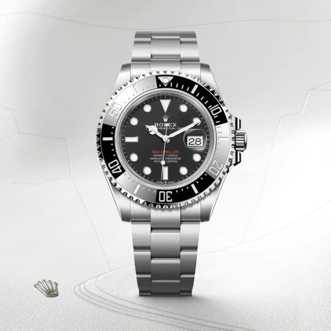 Rolex Sea-Dweller in Oystersteel with a Intense black dial, Unidirectional rotatable 60-minute graduated, scratch-resistant Cerachrom insert in black ceramic, numerals and graduations coated in platinum bezel, Oyster, three-piece solid links bracelet