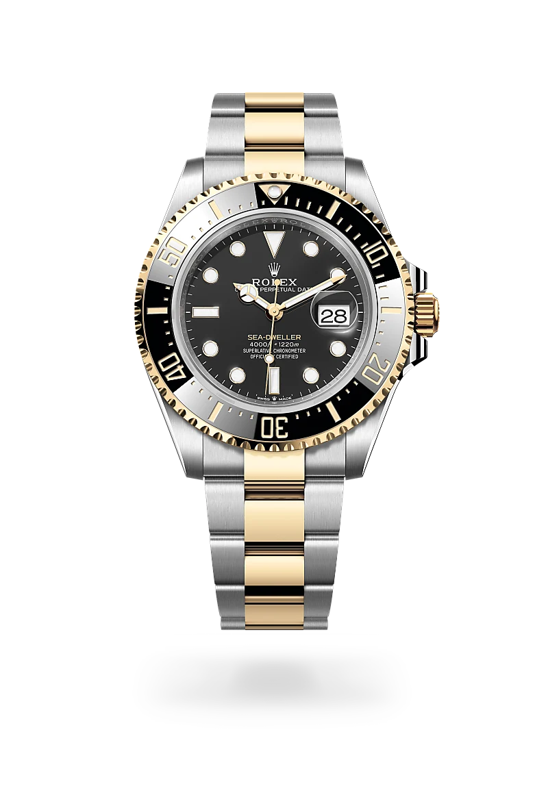 Rolex Sea-Dweller in Yellow Rolesor - combination of Oystersteel and yellow gold with a Intense black dial, Unidirectional rotatable 60-minute graduated, scratch-resistant Cerachrom insert in black ceramic, numerals and graduations coated in gold bezel, Oyster, three-piece solid links bracelet