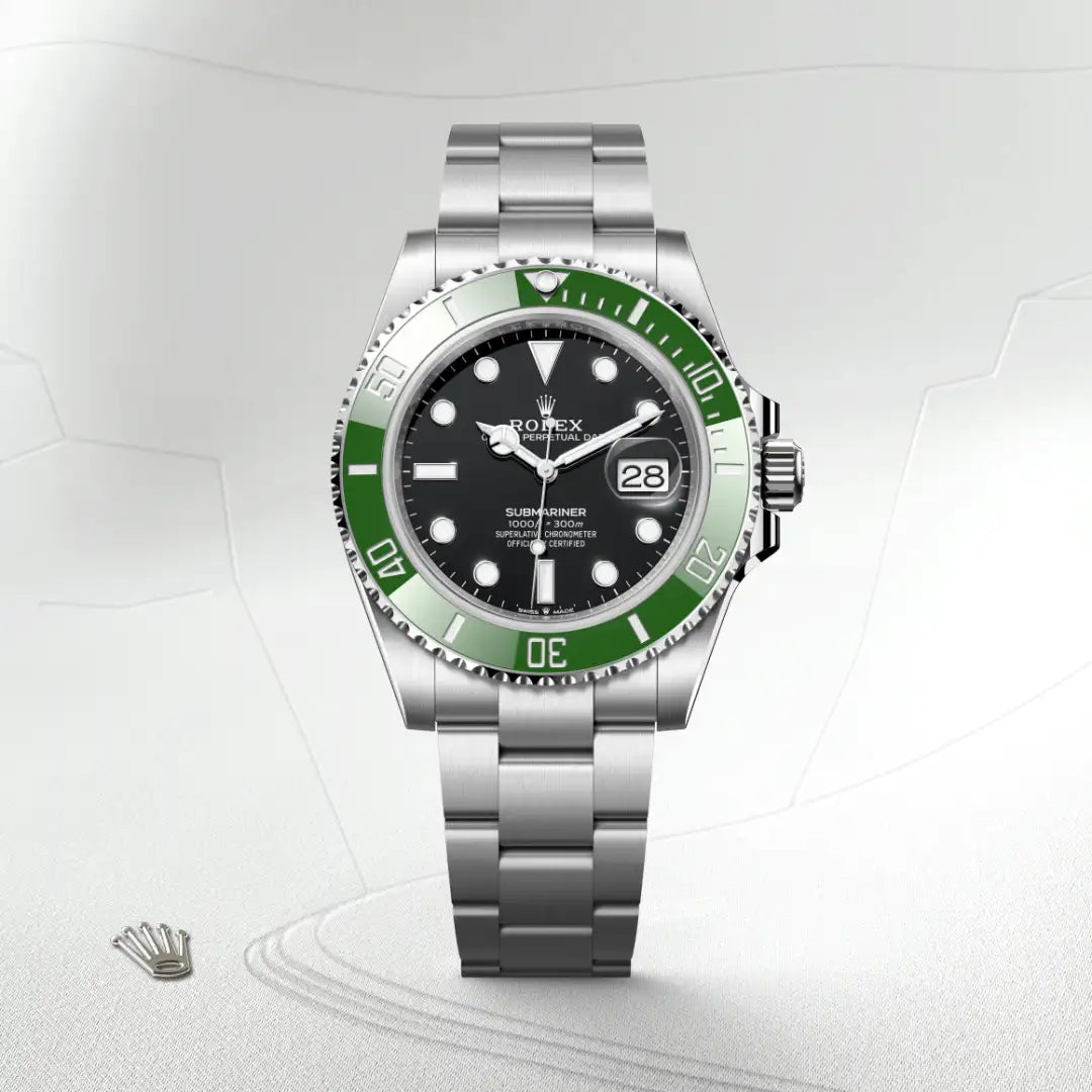 Rolex Submariner Date in Oystersteel with a Black dial, Unidirectional rotatable 60-minute graduated, scratch-resistant Cerachrom insert in green ceramic, numerals and graduations coated in platinum bezel, Oyster, three-piece solid links bracelet