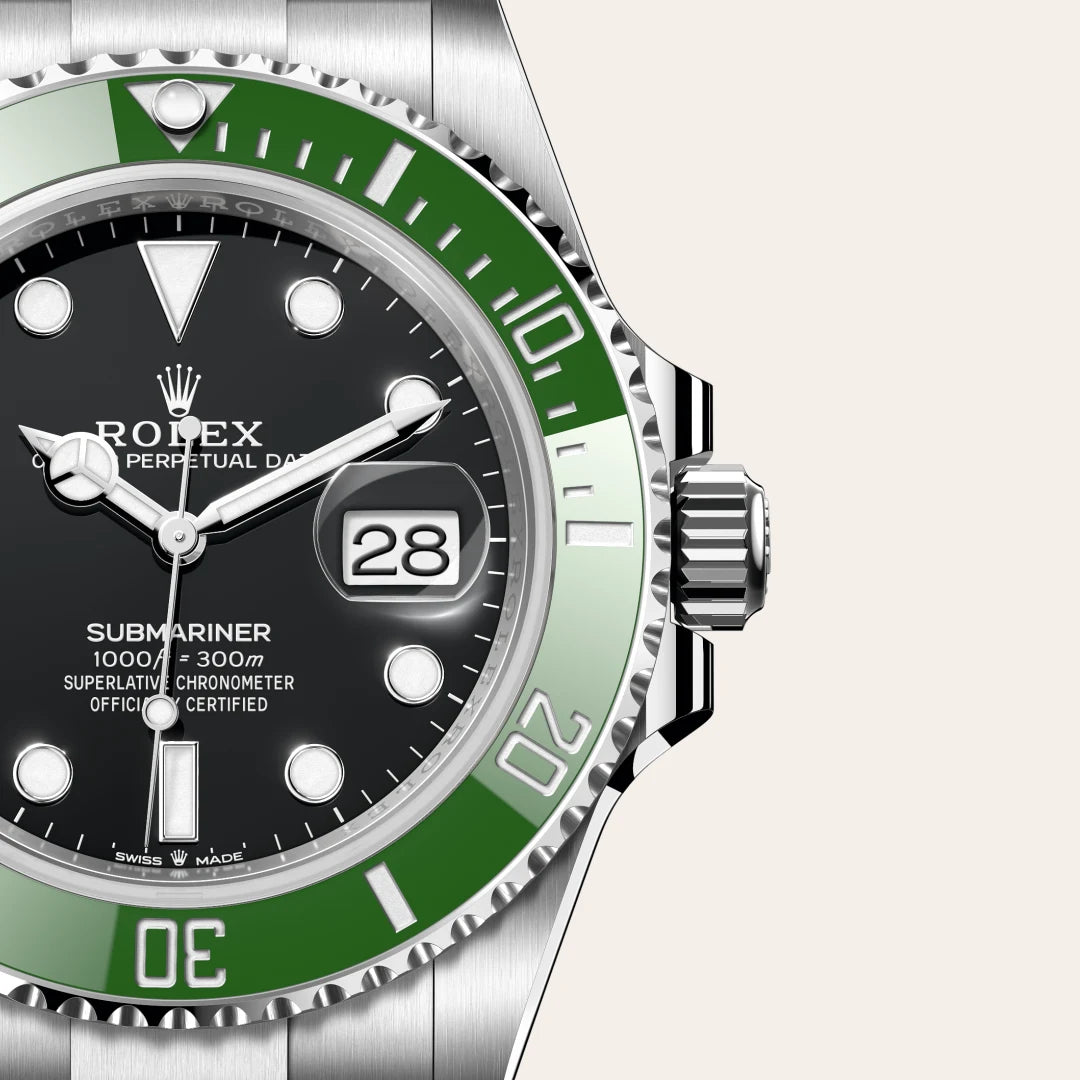 Rolex Submariner Date in Oystersteel with a Black dial, Unidirectional rotatable 60-minute graduated, scratch-resistant Cerachrom insert in green ceramic, numerals and graduations coated in platinum bezel, Oyster, three-piece solid links bracelet