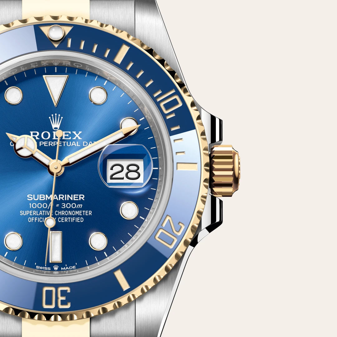 Rolex Submariner Date in Yellow Rolesor - combination of Oystersteel and yellow gold with a Royal blue dial, Unidirectional rotatable 60-minute graduated, scratch-resistant Cerachrom insert in blue ceramic, numerals and graduations coated in gold bezel, Oyster, three-piece solid links bracelet