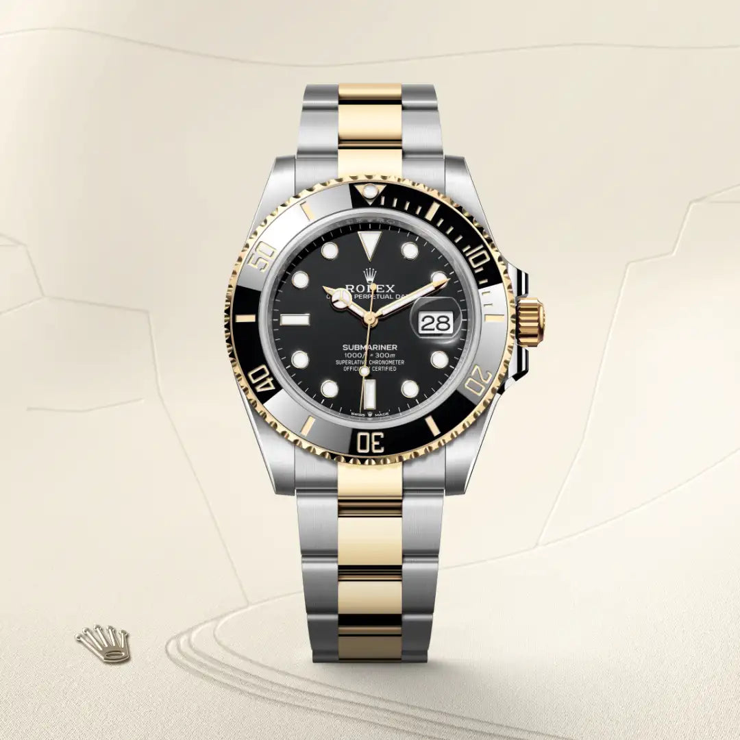 Rolex Submariner Date in Yellow Rolesor - combination of Oystersteel and yellow gold with a Black dial, Unidirectional rotatable 60-minute graduated, scratch-resistant Cerachrom insert in black ceramic, numerals and graduations coated in gold bezel, Oyster, three-piece solid links bracelet