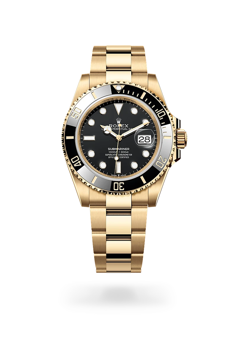 Rolex Submariner Date in 18 ct yellow gold with a Black dial, Unidirectional rotatable 60-minute graduated, scratch-resistant Cerachrom insert in black ceramic, numerals and graduations coated in gold bezel, Oyster, three-piece solid links bracelet