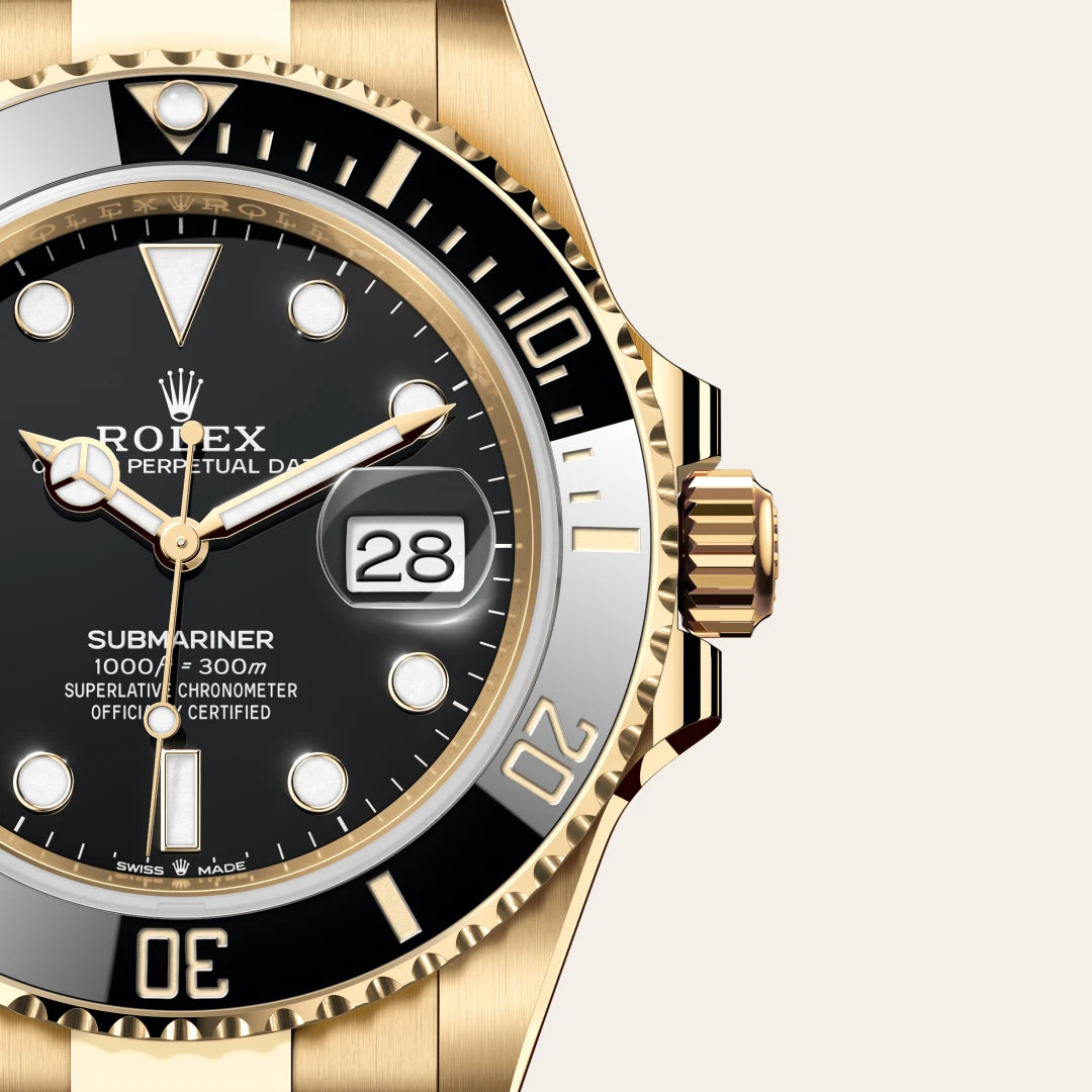 Rolex Submariner Date in 18 ct yellow gold with a Black dial, Unidirectional rotatable 60-minute graduated, scratch-resistant Cerachrom insert in black ceramic, numerals and graduations coated in gold bezel, Oyster, three-piece solid links bracelet