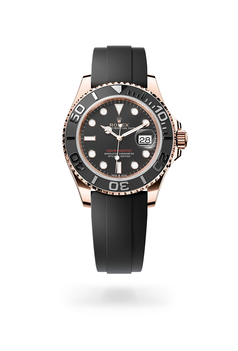 Rolex Yacht-Master 40 in 18 ct Everose gold with a Intense black dial, Bidirectional rotatable 60-minute graduated bezel with matt black Cerachrom insert in ceramic, polished raised numerals and graduations bezel, Oysterflex bracelet