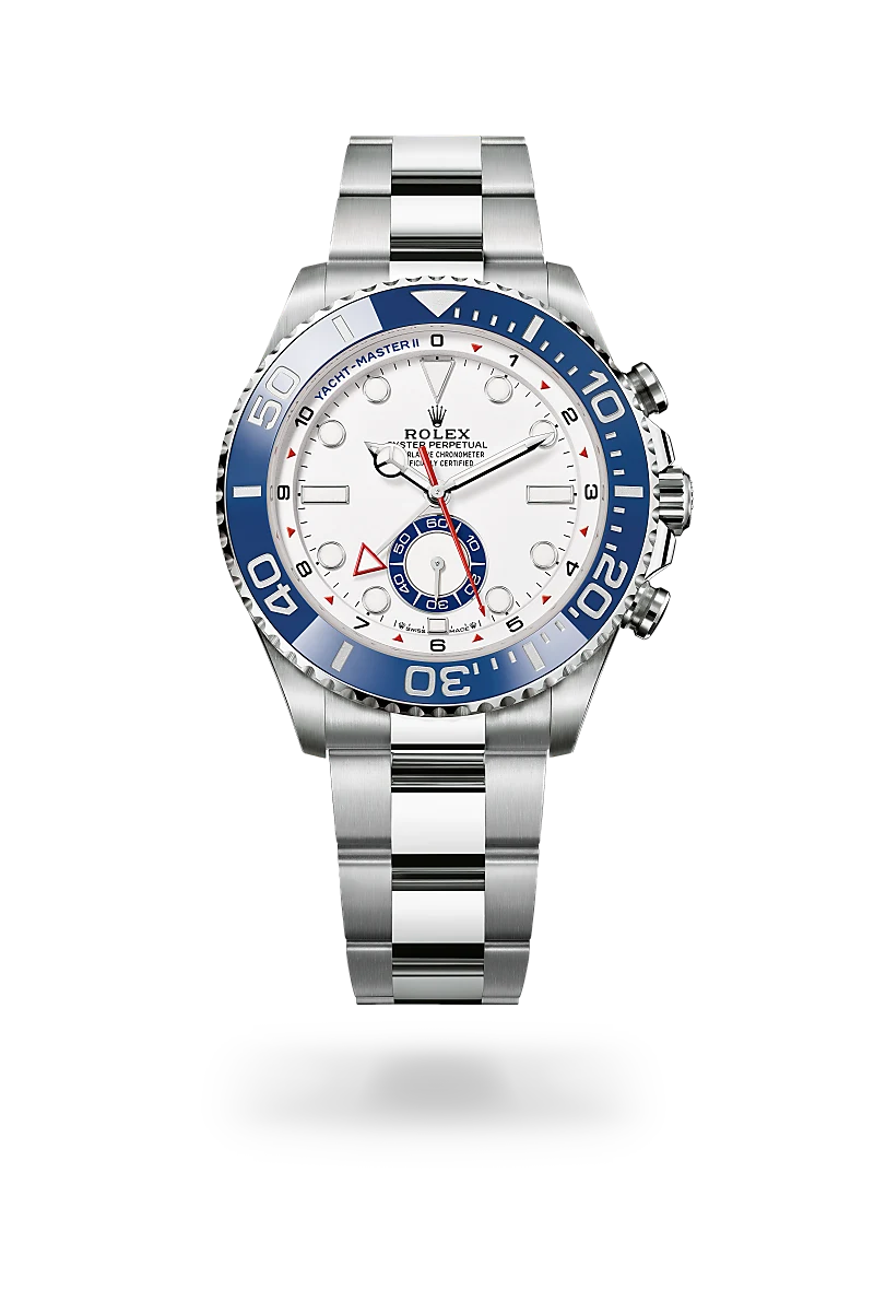 Rolex Yacht-Master II in Oystersteel with a White dial, Bidirectional rotatable 60-minute graduated bezel with blue Cerachrom insert in ceramic. Moulded, recessed graduations and numerals coated with platinum bezel, Oyster, three-piece solid links bracelet