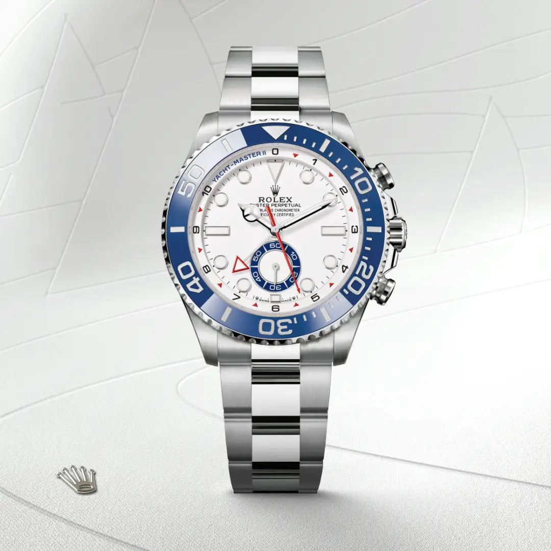 Rolex Yacht-Master II in Oystersteel with a White dial, Bidirectional rotatable 60-minute graduated bezel with blue Cerachrom insert in ceramic. Moulded, recessed graduations and numerals coated with platinum bezel, Oyster, three-piece solid links bracelet