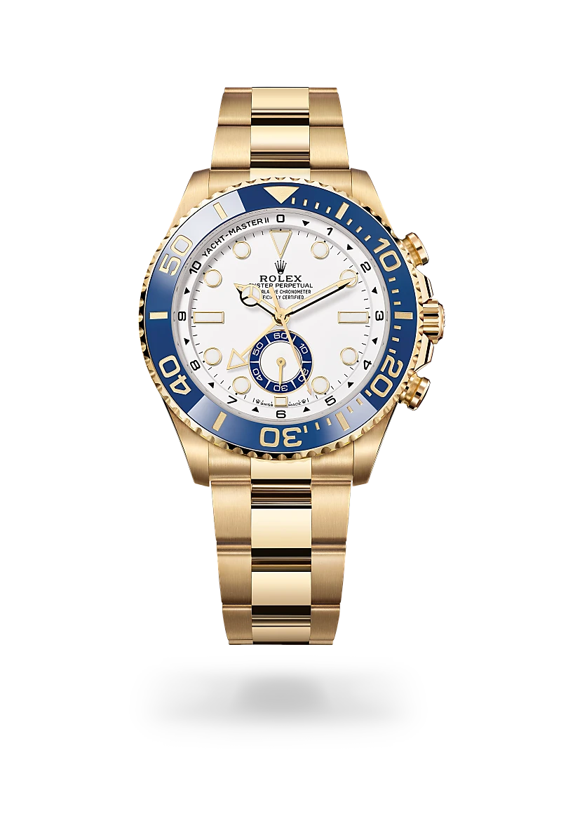 Rolex Yacht-Master II in 18 ct yellow gold with a White dial, Bidirectional rotatable 60-minute graduated bezel with blue Cerachrom insert in ceramic. Moulded, recessed graduations and numerals coated with gold bezel, Oyster, three-piece solid links bracelet