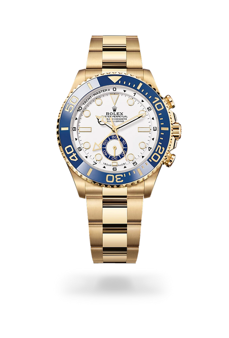 Rolex Yacht-Master II in 18 ct yellow gold with a White dial, Bidirectional rotatable 60-minute graduated bezel with blue Cerachrom insert in ceramic. Moulded, recessed graduations and numerals coated with gold bezel, Oyster, three-piece solid links bracelet