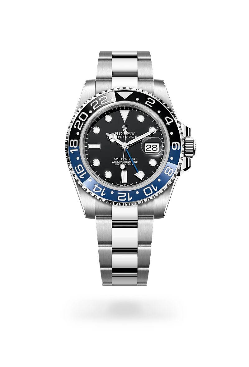 Rolex GMT-Master II in Oystersteel with a Black dial, Bidirectional rotatable 24-hour graduated bezel. Two-colour blue and black Cerachrom insert in ceramic, moulded numerals and graduations bezel, Oyster, three-piece solid links bracelet
