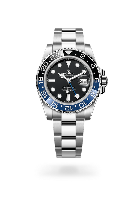 Rolex GMT-Master II in Oystersteel with a Black dial, Bidirectional rotatable 24-hour graduated bezel. Two-colour blue and black Cerachrom insert in ceramic, moulded numerals and graduations bezel, Oyster, three-piece solid links bracelet