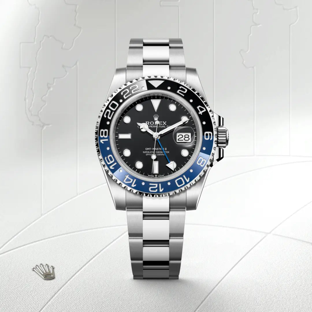 Rolex GMT-Master II in Oystersteel with a Black dial, Bidirectional rotatable 24-hour graduated bezel. Two-colour blue and black Cerachrom insert in ceramic, moulded numerals and graduations bezel, Oyster, three-piece solid links bracelet