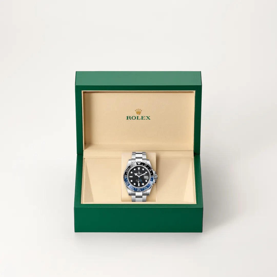 Rolex GMT-Master II in Oystersteel with a Black dial, Bidirectional rotatable 24-hour graduated bezel. Two-colour blue and black Cerachrom insert in ceramic, moulded numerals and graduations bezel, Oyster, three-piece solid links bracelet