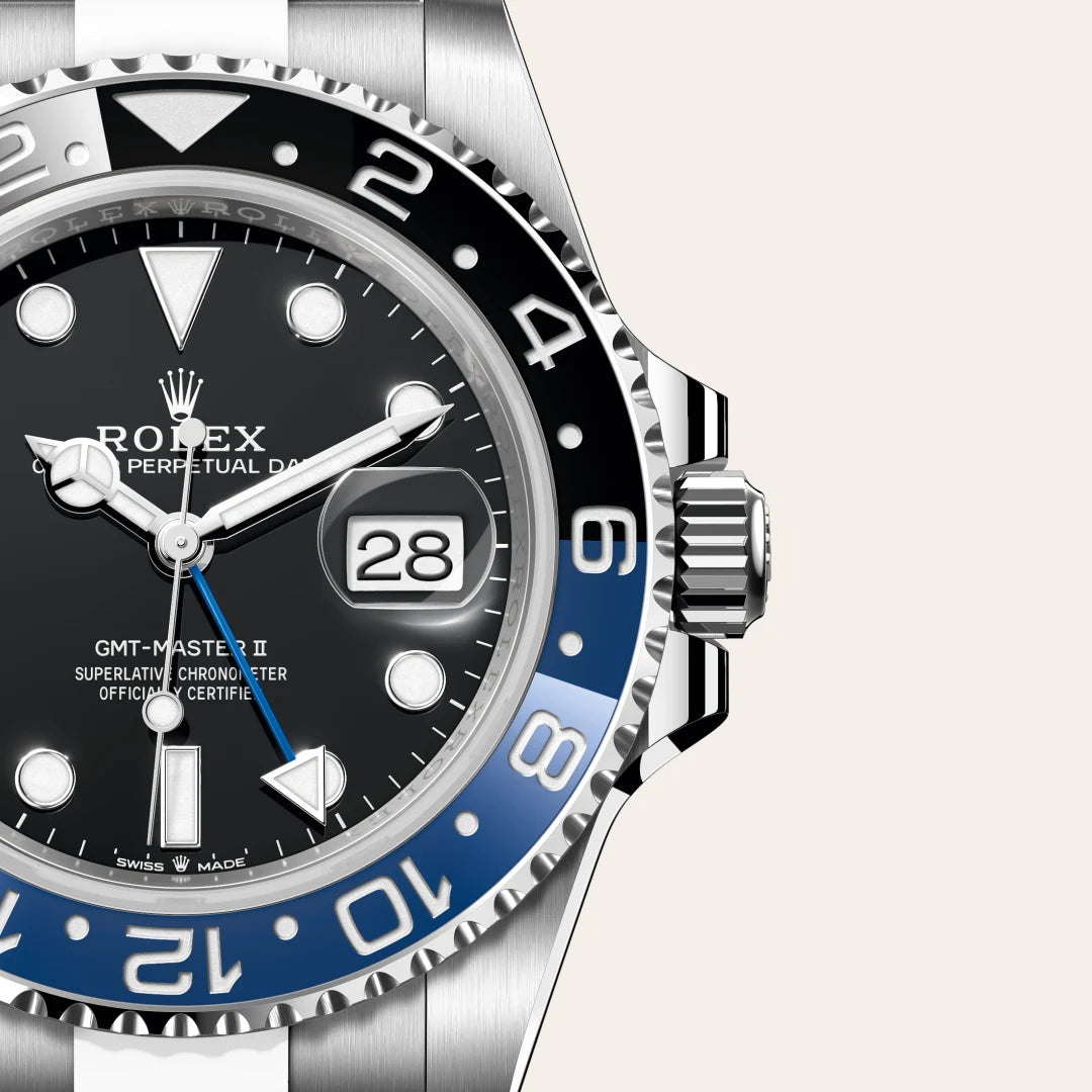 Rolex GMT-Master II in Oystersteel with a Black dial, Bidirectional rotatable 24-hour graduated bezel. Two-colour blue and black Cerachrom insert in ceramic, moulded numerals and graduations bezel, Oyster, three-piece solid links bracelet