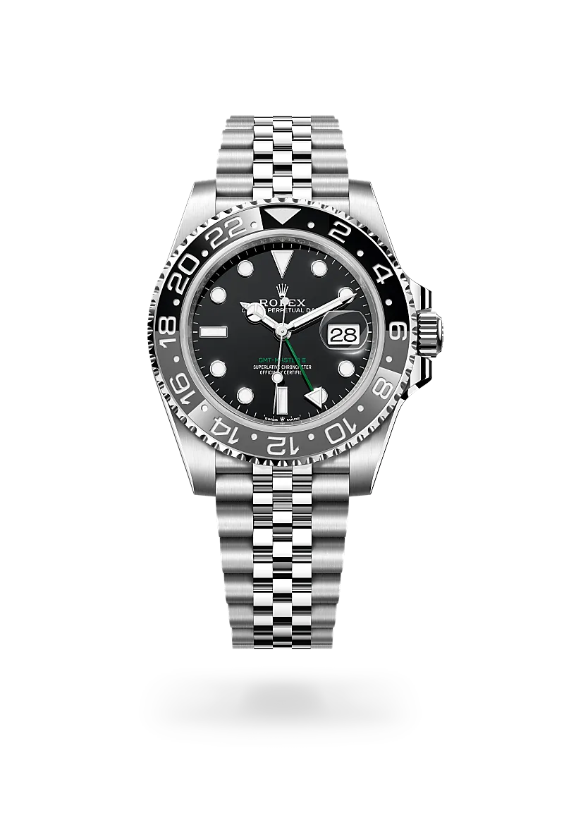 Rolex GMT-Master II in Oystersteel with a Black dial, Bidirectional rotatable 24-hour graduated bezel. Two-colour grey and black Cerachrom insert in ceramic, moulded numerals and graduations bezel, Jubilee, five-piece links bracelet