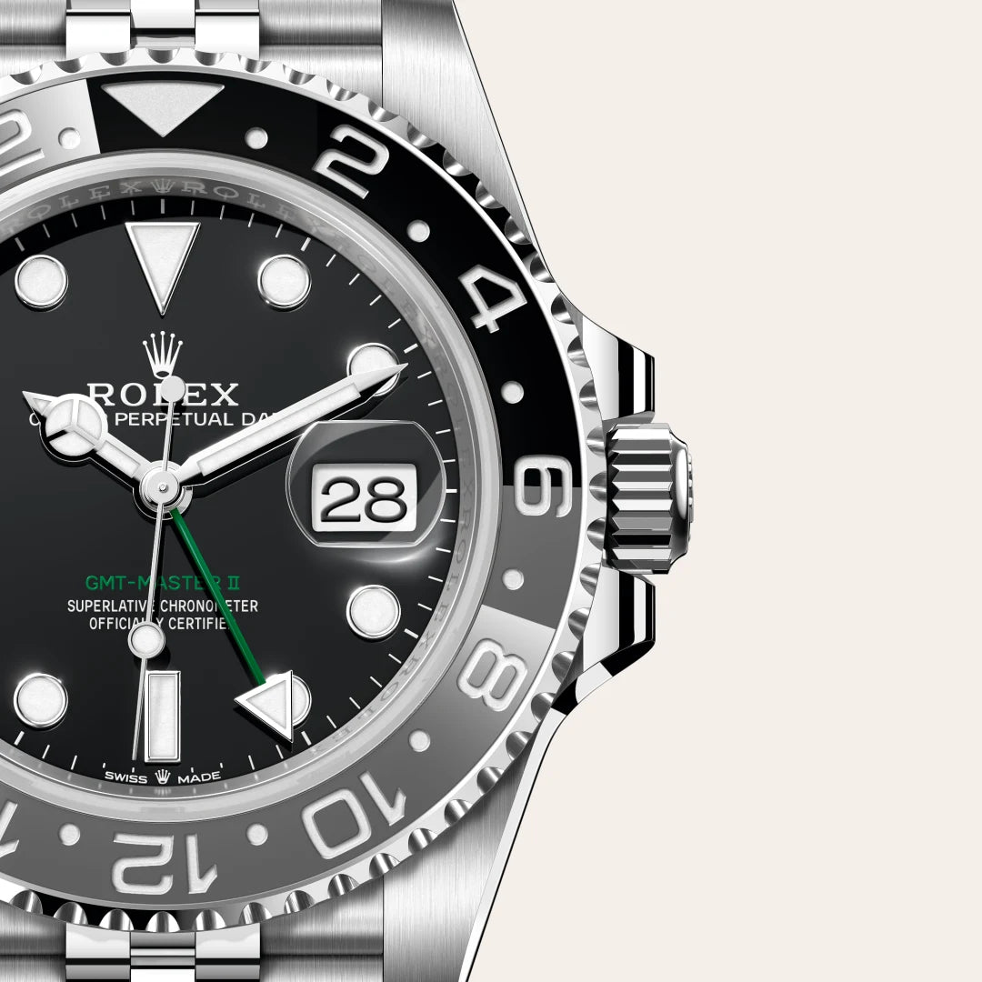Rolex GMT-Master II in Oystersteel with a Black dial, Bidirectional rotatable 24-hour graduated bezel. Two-colour grey and black Cerachrom insert in ceramic, moulded numerals and graduations bezel, Jubilee, five-piece links bracelet