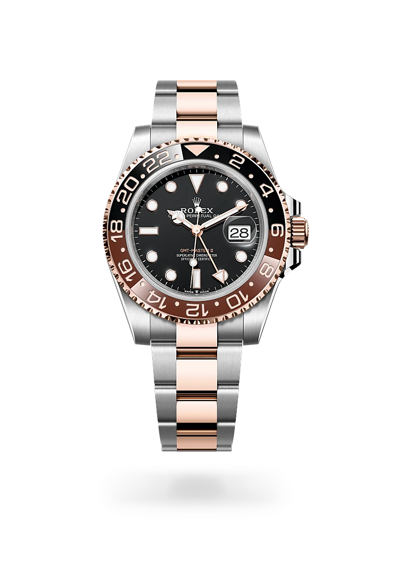 Rolex GMT-Master II in Everose Rolesor - combination of Oystersteel and Everose gold with a Black dial, Bidirectional rotatable 24-hour graduated bezel. Two-colour brown and black Cerachrom insert in ceramic, moulded numerals and graduations bezel, Oyster, three-piece solid links bracelet