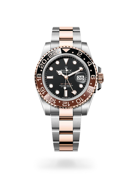 Rolex GMT-Master II in Everose Rolesor - combination of Oystersteel and Everose gold with a Black dial, Bidirectional rotatable 24-hour graduated bezel. Two-colour brown and black Cerachrom insert in ceramic, moulded numerals and graduations bezel, Oyster, three-piece solid links bracelet