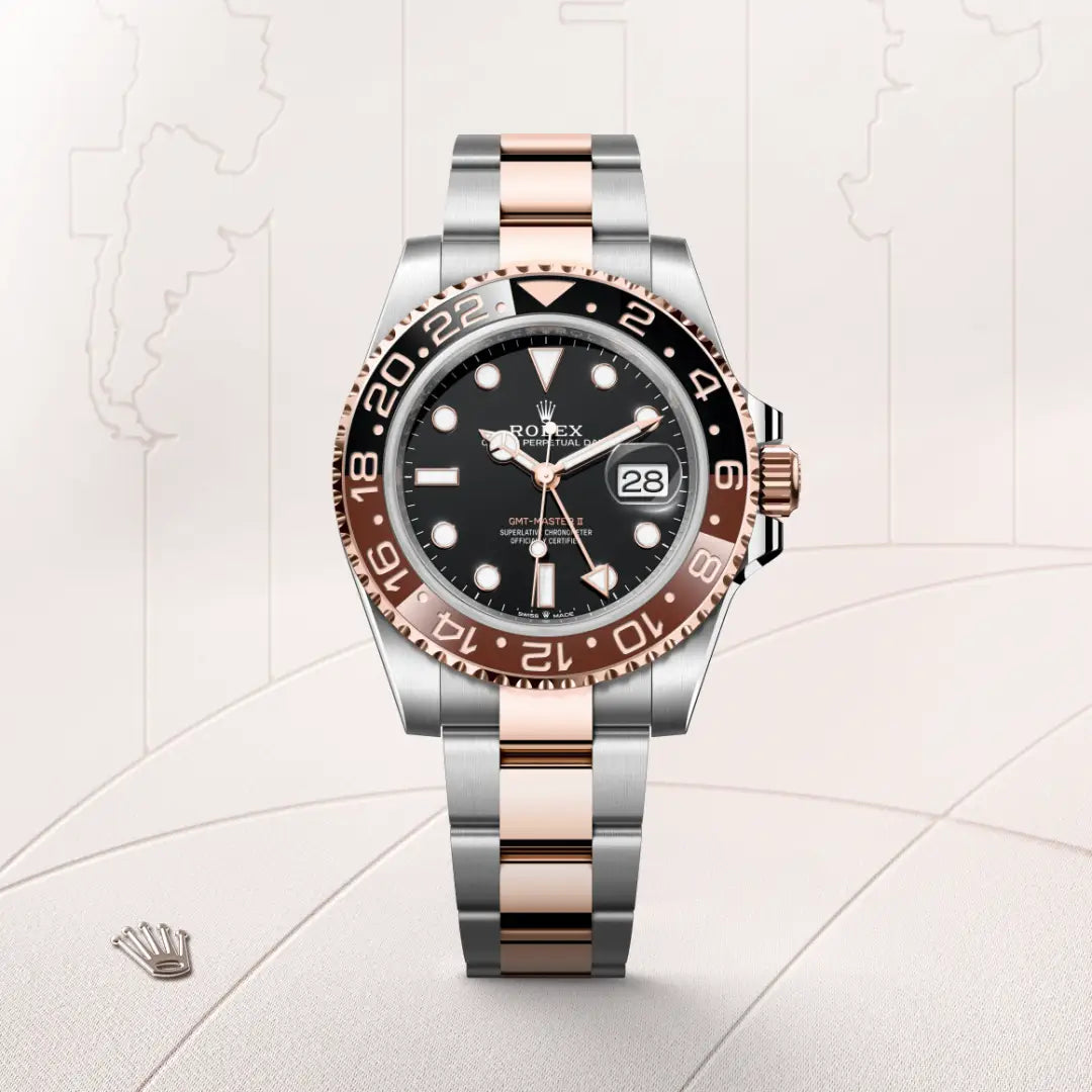 Rolex GMT-Master II in Everose Rolesor - combination of Oystersteel and Everose gold with a Black dial, Bidirectional rotatable 24-hour graduated bezel. Two-colour brown and black Cerachrom insert in ceramic, moulded numerals and graduations bezel, Oyster, three-piece solid links bracelet