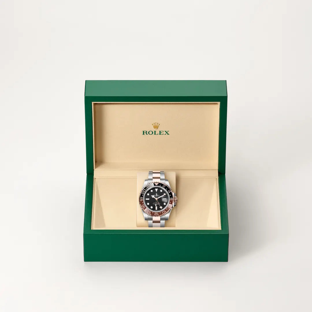 Rolex GMT-Master II in Everose Rolesor - combination of Oystersteel and Everose gold with a Black dial, Bidirectional rotatable 24-hour graduated bezel. Two-colour brown and black Cerachrom insert in ceramic, moulded numerals and graduations bezel, Oyster, three-piece solid links bracelet