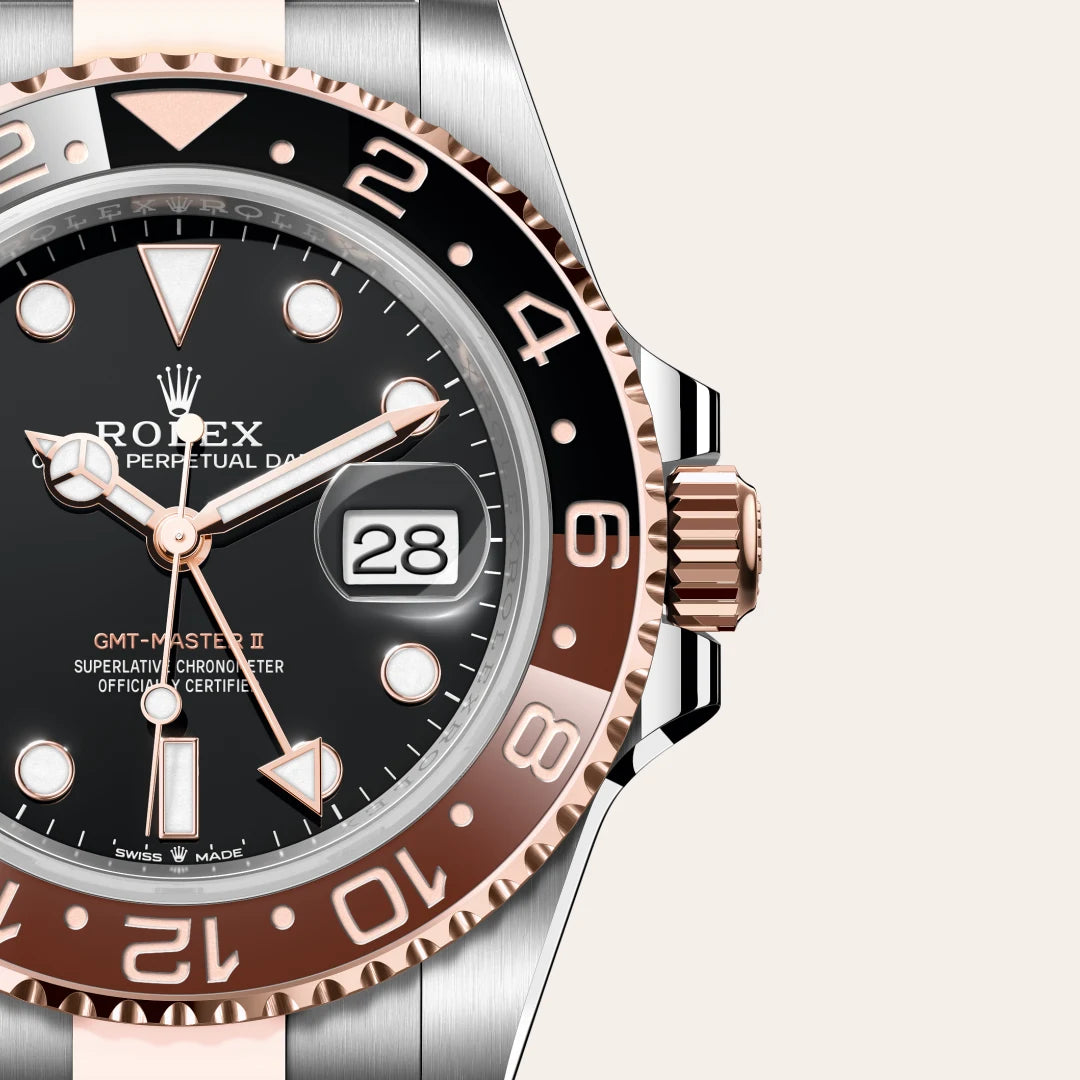 Rolex GMT-Master II in Everose Rolesor - combination of Oystersteel and Everose gold with a Black dial, Bidirectional rotatable 24-hour graduated bezel. Two-colour brown and black Cerachrom insert in ceramic, moulded numerals and graduations bezel, Oyster, three-piece solid links bracelet