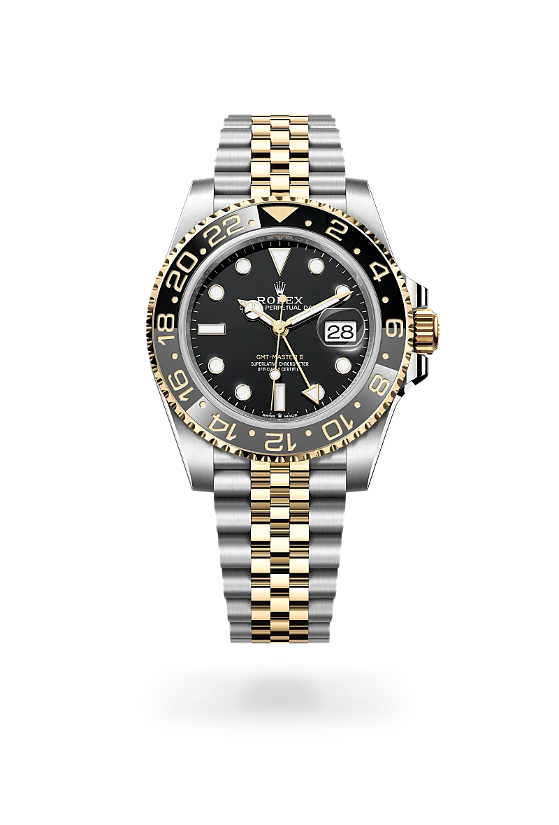 Rolex GMT-Master II in Yellow Rolesor - combination of Oystersteel and yellow gold with a Black dial, Bidirectional rotatable 24-hour graduated bezel. Two-colour grey and black Cerachrom insert in ceramic, moulded numerals and graduations bezel, Jubilee, five-piece links bracelet