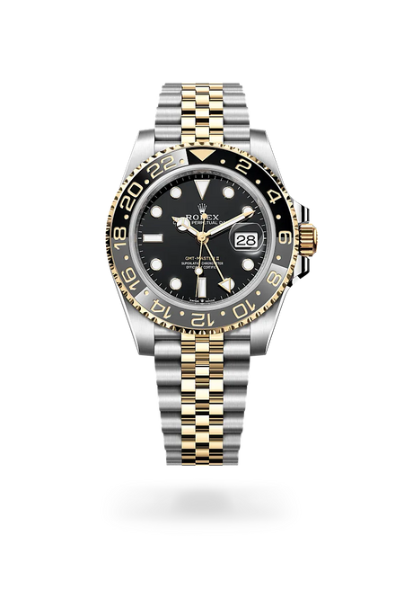 Rolex GMT-Master II in Yellow Rolesor - combination of Oystersteel and yellow gold with a Black dial, Bidirectional rotatable 24-hour graduated bezel. Two-colour grey and black Cerachrom insert in ceramic, moulded numerals and graduations bezel, Jubilee, five-piece links bracelet