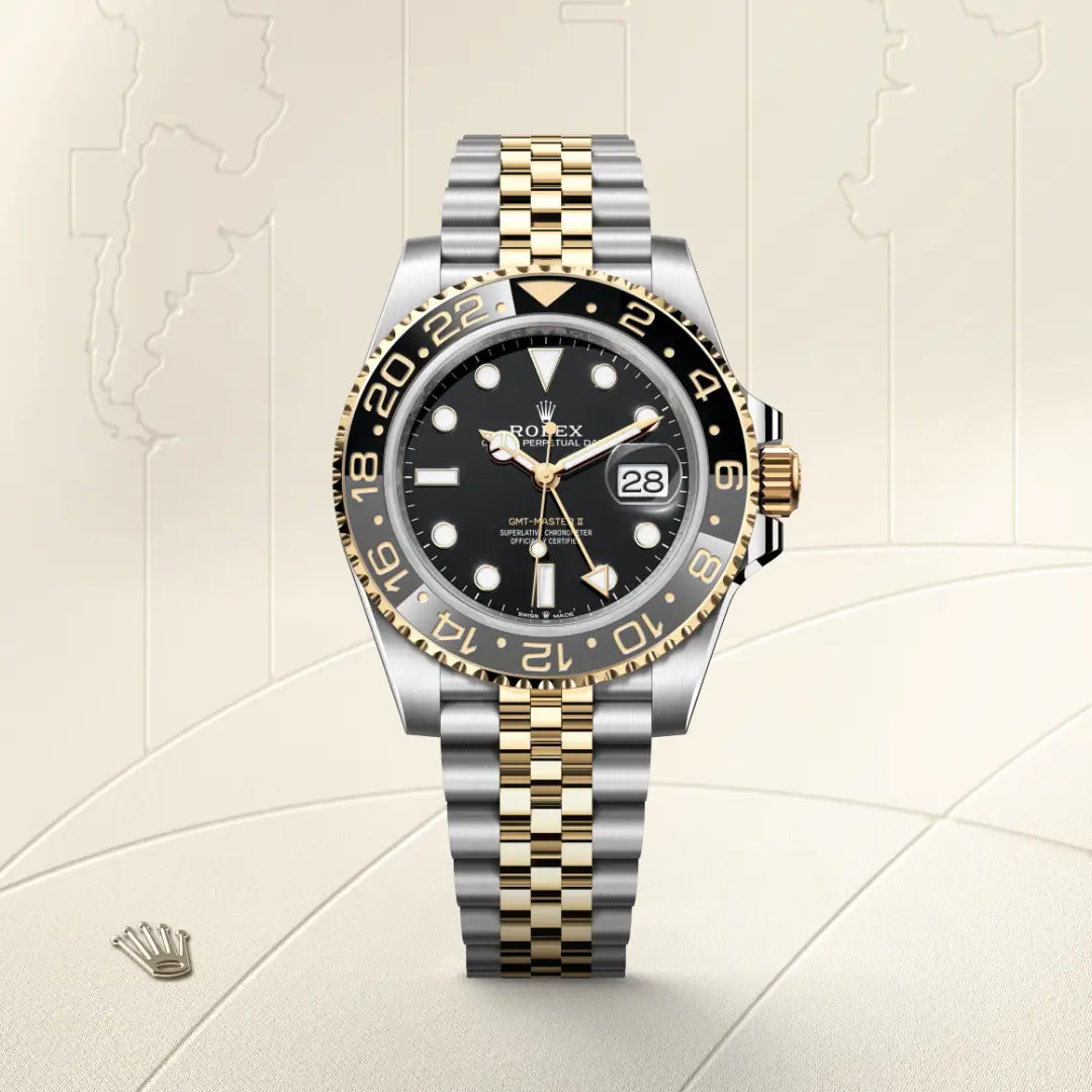 Rolex GMT-Master II in Yellow Rolesor - combination of Oystersteel and yellow gold with a Black dial, Bidirectional rotatable 24-hour graduated bezel. Two-colour grey and black Cerachrom insert in ceramic, moulded numerals and graduations bezel, Jubilee, five-piece links bracelet