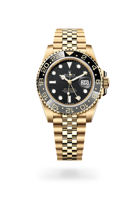 Rolex GMT-Master II in 18 ct yellow gold with a Black dial, Bidirectional rotatable 24-hour graduated bezel. Two-colour grey and black Cerachrom insert in ceramic, moulded numerals and graduations bezel, Jubilee, five-piece links bracelet