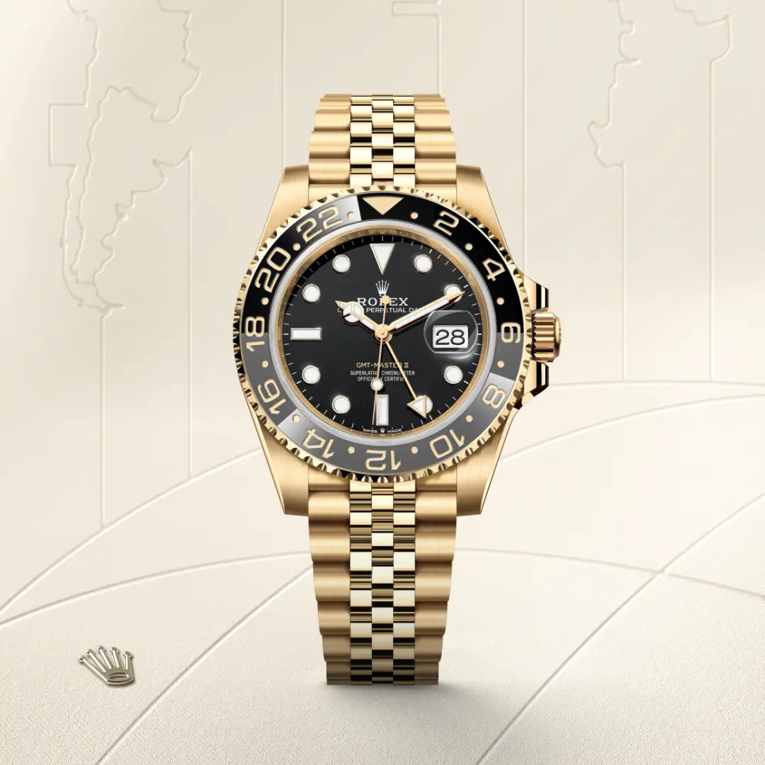 Rolex GMT-Master II in 18 ct yellow gold with a Black dial, Bidirectional rotatable 24-hour graduated bezel. Two-colour grey and black Cerachrom insert in ceramic, moulded numerals and graduations bezel, Jubilee, five-piece links bracelet