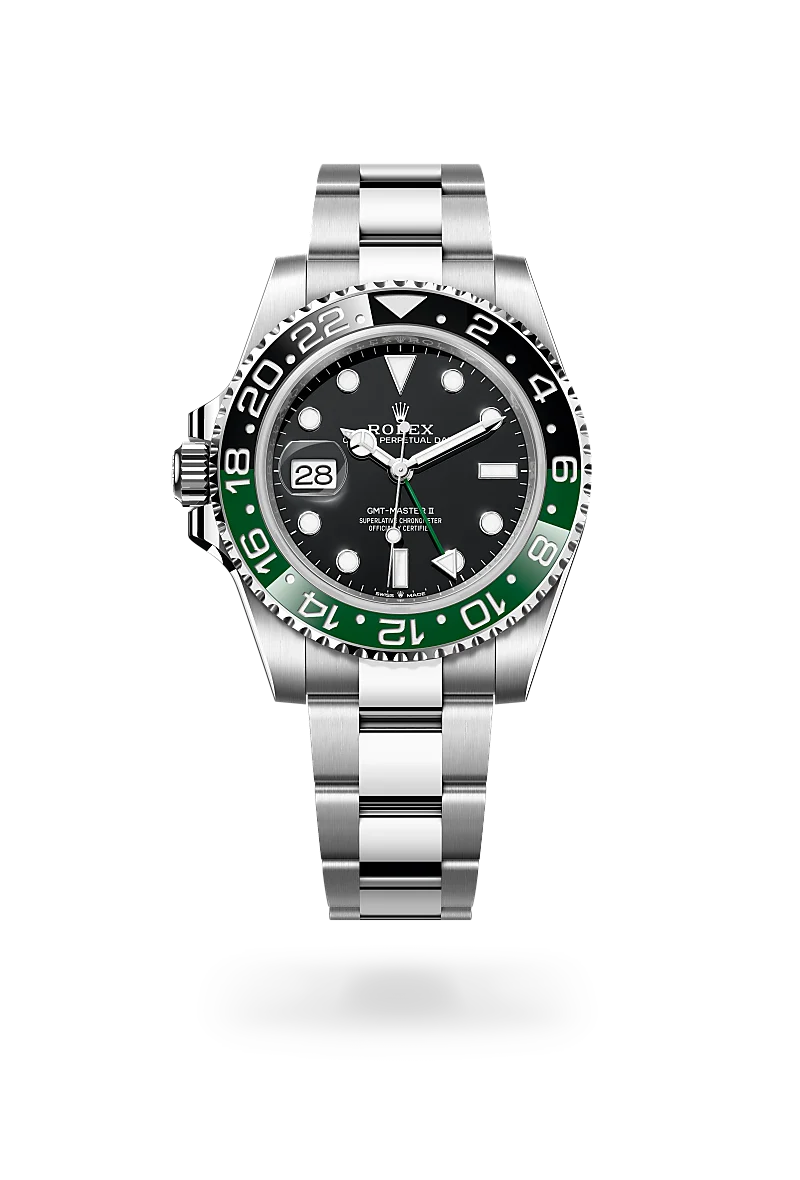 Rolex GMT-Master II in Oystersteel with a Black dial, Bidirectional rotatable 24-hour graduated bezel. Two-colour green and black Cerachrom insert in ceramic, moulded numerals and graduations bezel, Oyster, three-piece solid links bracelet