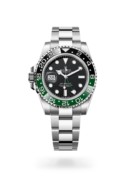 Rolex GMT-Master II in Oystersteel with a Black dial, Bidirectional rotatable 24-hour graduated bezel. Two-colour green and black Cerachrom insert in ceramic, moulded numerals and graduations bezel, Oyster, three-piece solid links bracelet