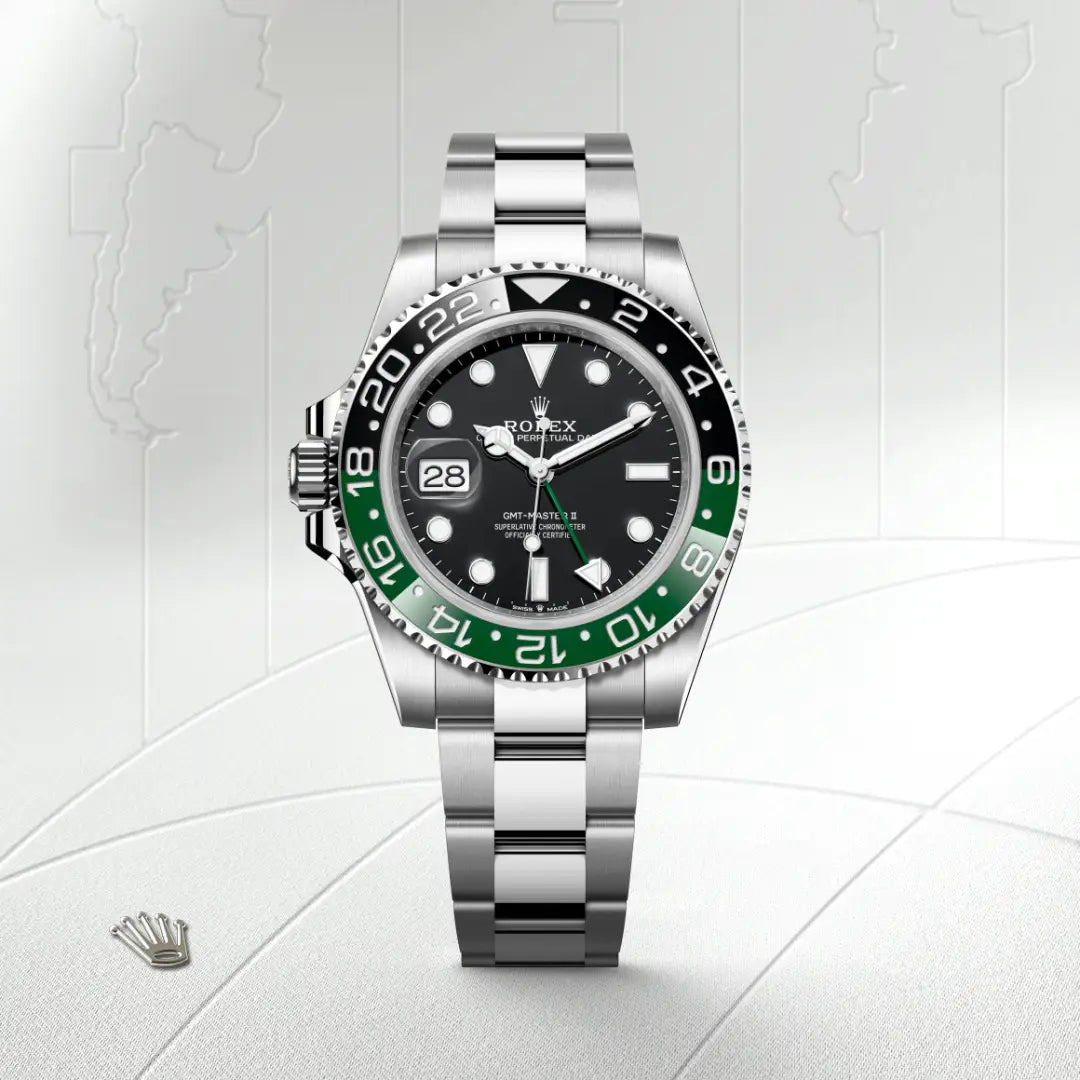 Rolex GMT-Master II in Oystersteel with a Black dial, Bidirectional rotatable 24-hour graduated bezel. Two-colour green and black Cerachrom insert in ceramic, moulded numerals and graduations bezel, Oyster, three-piece solid links bracelet