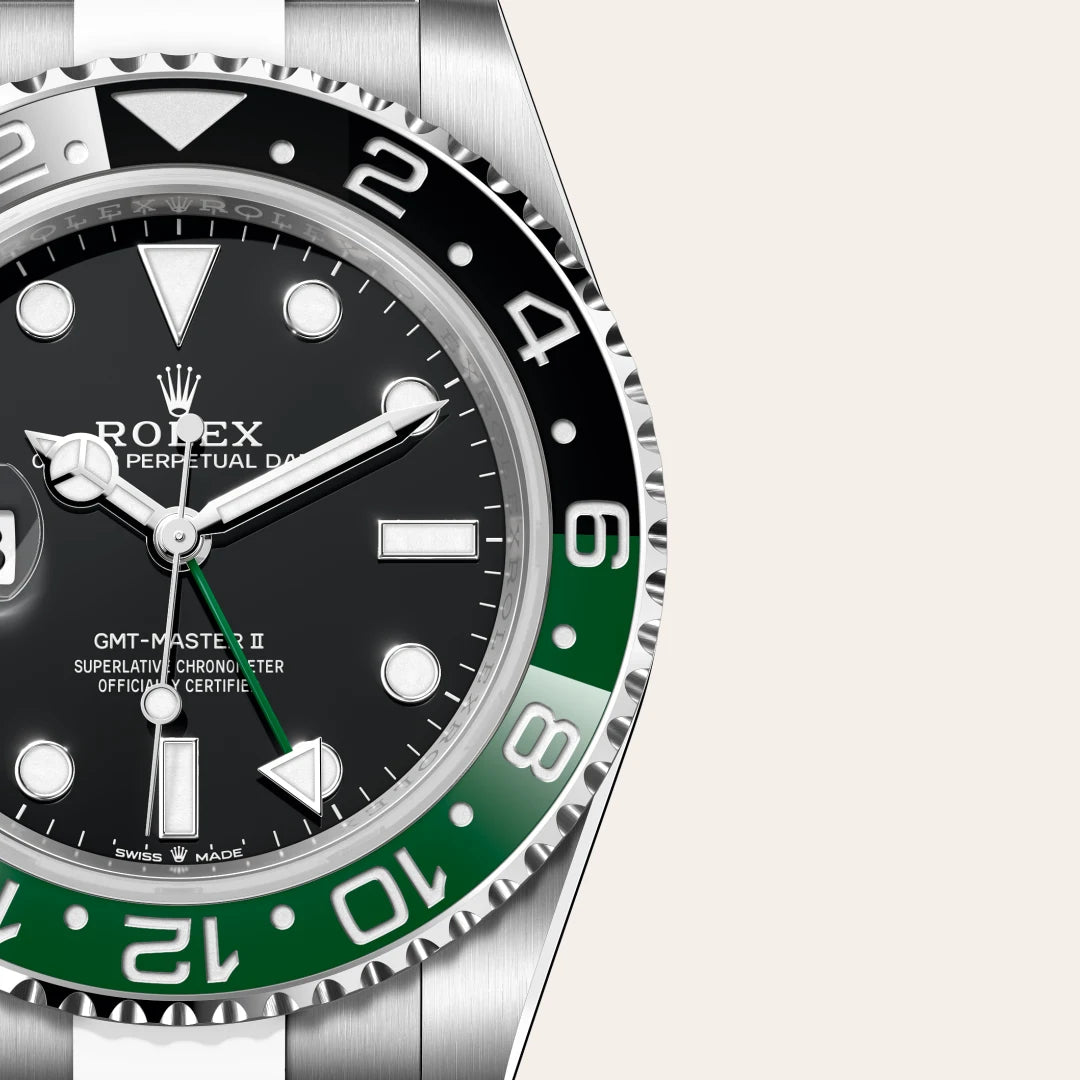 Rolex GMT-Master II in Oystersteel with a Black dial, Bidirectional rotatable 24-hour graduated bezel. Two-colour green and black Cerachrom insert in ceramic, moulded numerals and graduations bezel, Oyster, three-piece solid links bracelet