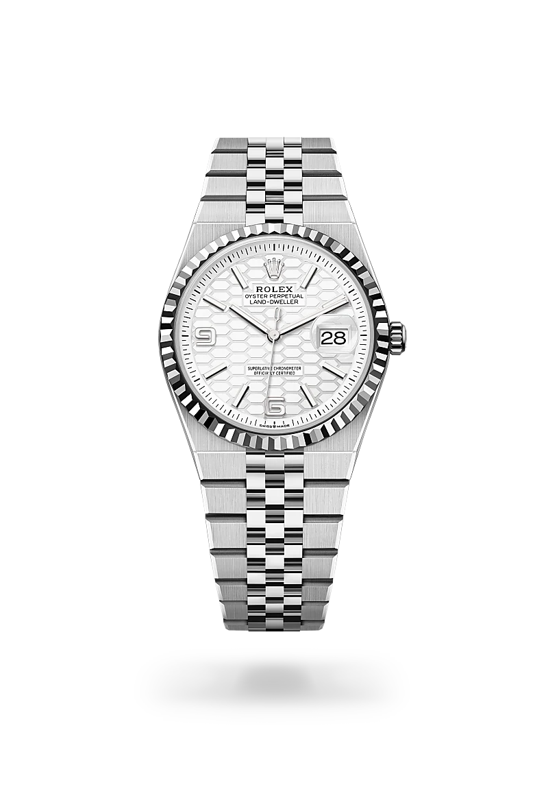 Rolex Land-Dweller 36 in White Rolesor - combination of Oystersteel and white gold with a Intense white, honeycomb motif dial, Fluted bezel, Flat Jubilee, five-piece solid links bracelet