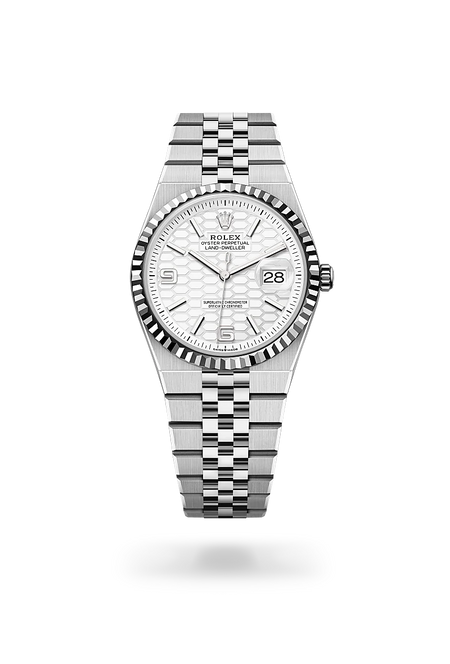 Rolex Land-Dweller 36 in White Rolesor - combination of Oystersteel and white gold with a Intense white, honeycomb motif dial, Fluted bezel, Flat Jubilee, five-piece solid links bracelet