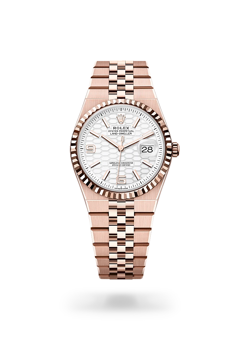 Rolex Land-Dweller 36 in 18 ct Everose gold with a Intense white, honeycomb motif dial, Fluted bezel, Flat Jubilee, five-piece solid links bracelet