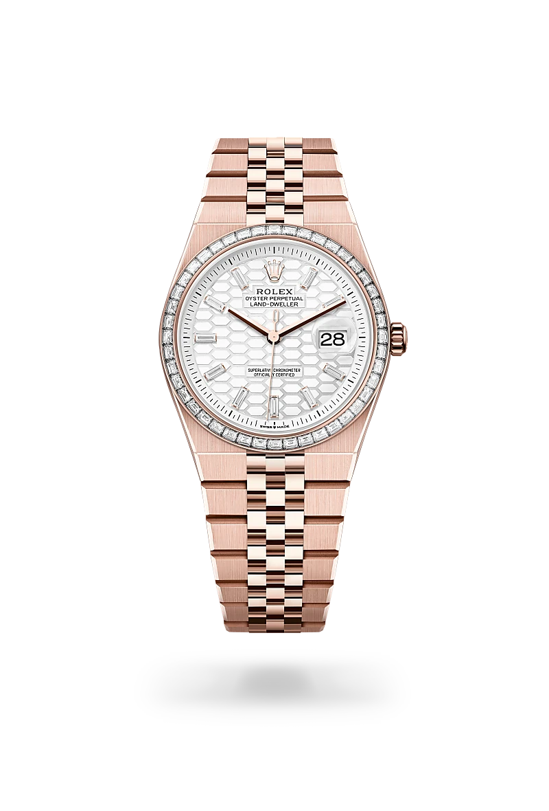 Rolex Land-Dweller 36 in 18 ct Everose gold with a Intense white, honeycomb motif set with diamonds dial, Set with diamonds bezel, Flat Jubilee, five-piece solid links bracelet