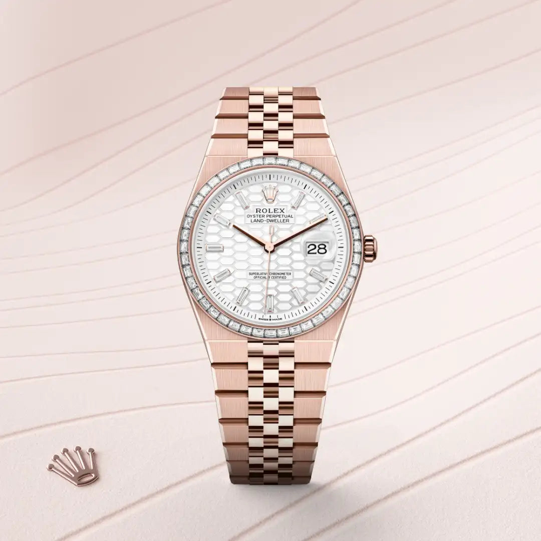 Rolex Land-Dweller 36 in 18 ct Everose gold with a Intense white, honeycomb motif set with diamonds dial, Set with diamonds bezel, Flat Jubilee, five-piece solid links bracelet