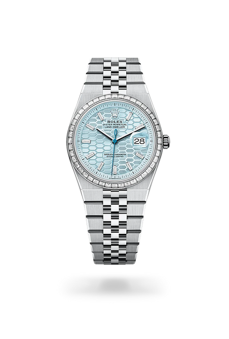 Rolex Land-Dweller 36 in Platinum with a Ice blue, honeycomb motif set with diamonds dial, Set with diamonds bezel, Flat Jubilee, five-piece solid links bracelet