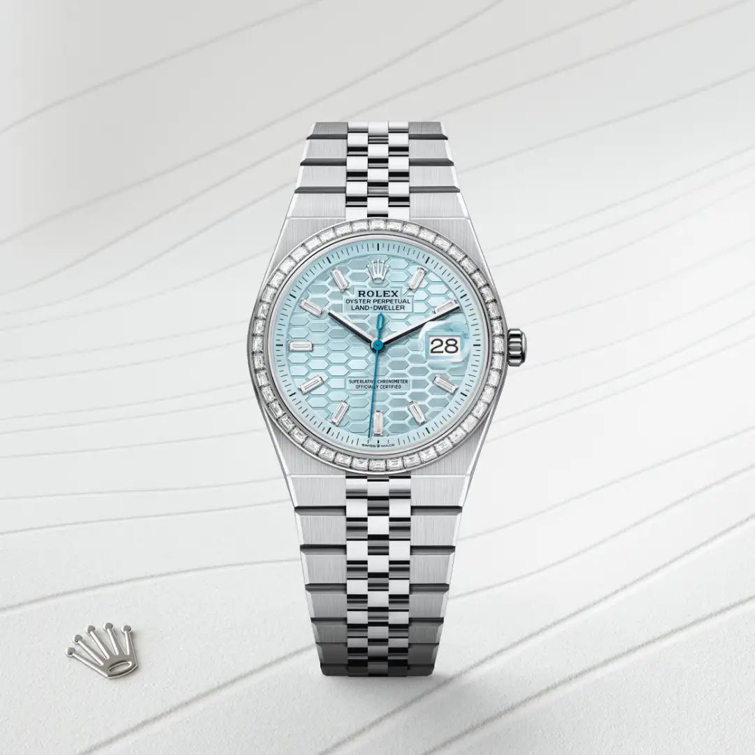 Rolex Land-Dweller 36 in Platinum with a Ice blue, honeycomb motif set with diamonds dial, Set with diamonds bezel, Flat Jubilee, five-piece solid links bracelet