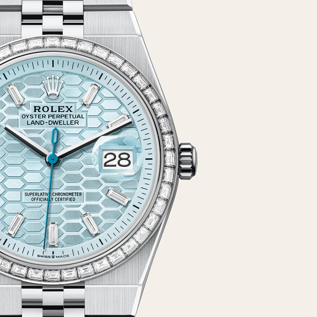 Rolex Land-Dweller 36 in Platinum with a Ice blue, honeycomb motif set with diamonds dial, Set with diamonds bezel, Flat Jubilee, five-piece solid links bracelet