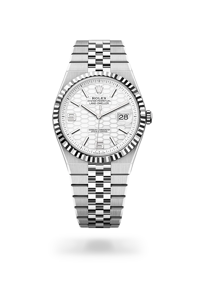 Rolex Land-Dweller 40 in White Rolesor - combination of Oystersteel and white gold with a Intense white, honeycomb motif dial, Fluted bezel, Flat Jubilee, five-piece solid links bracelet