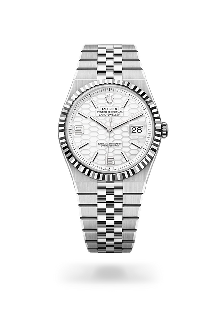 Rolex Land-Dweller 40 in White Rolesor - combination of Oystersteel and white gold with a Intense white, honeycomb motif dial, Fluted bezel, Flat Jubilee, five-piece solid links bracelet