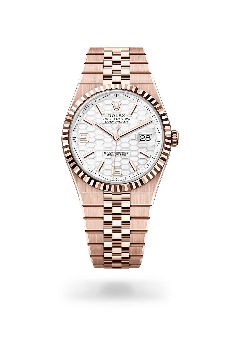 Rolex Land-Dweller 40 in 18 ct Everose gold with a Intense white, honeycomb motif dial, Fluted bezel, Flat Jubilee, five-piece solid links bracelet