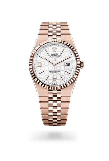 Rolex Land-Dweller 40 in 18 ct Everose gold with a Intense white, honeycomb motif dial, Fluted bezel, Flat Jubilee, five-piece solid links bracelet