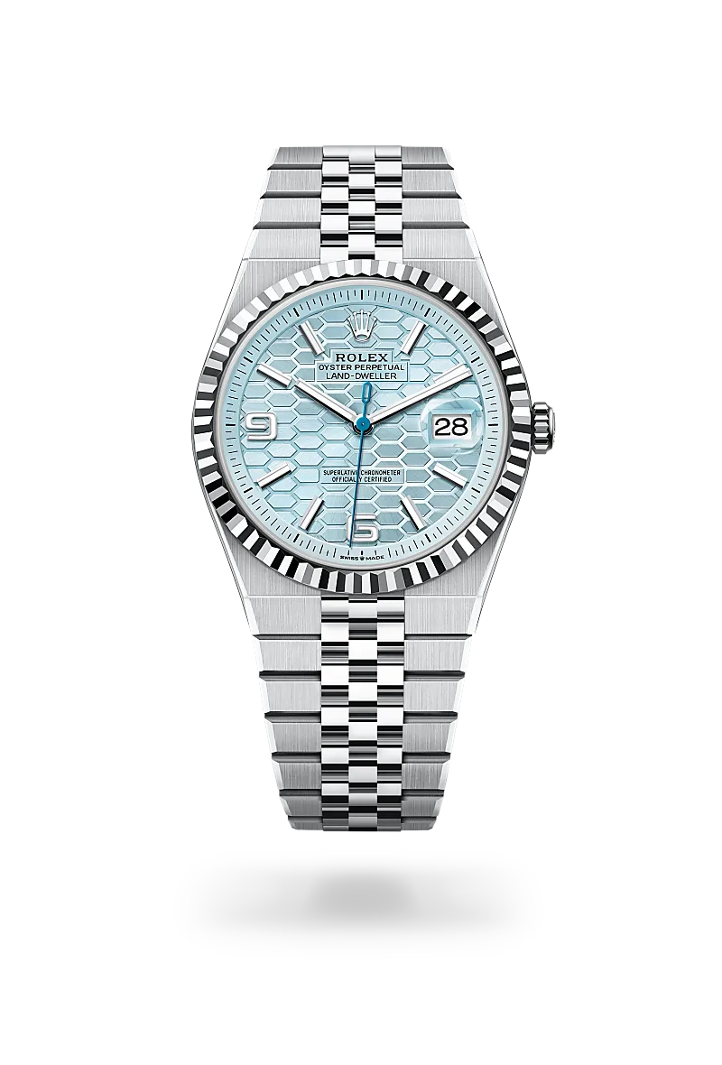 Rolex Land-Dweller 40 in Platinum with a Ice blue, honeycomb motif dial, Fluted bezel, Flat Jubilee, five-piece solid links bracelet