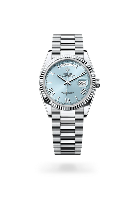 Rolex Day-Date 36 in Platinum with a Ice blue dial, Fluted bezel, President, semi-circular three-piece links bracelet